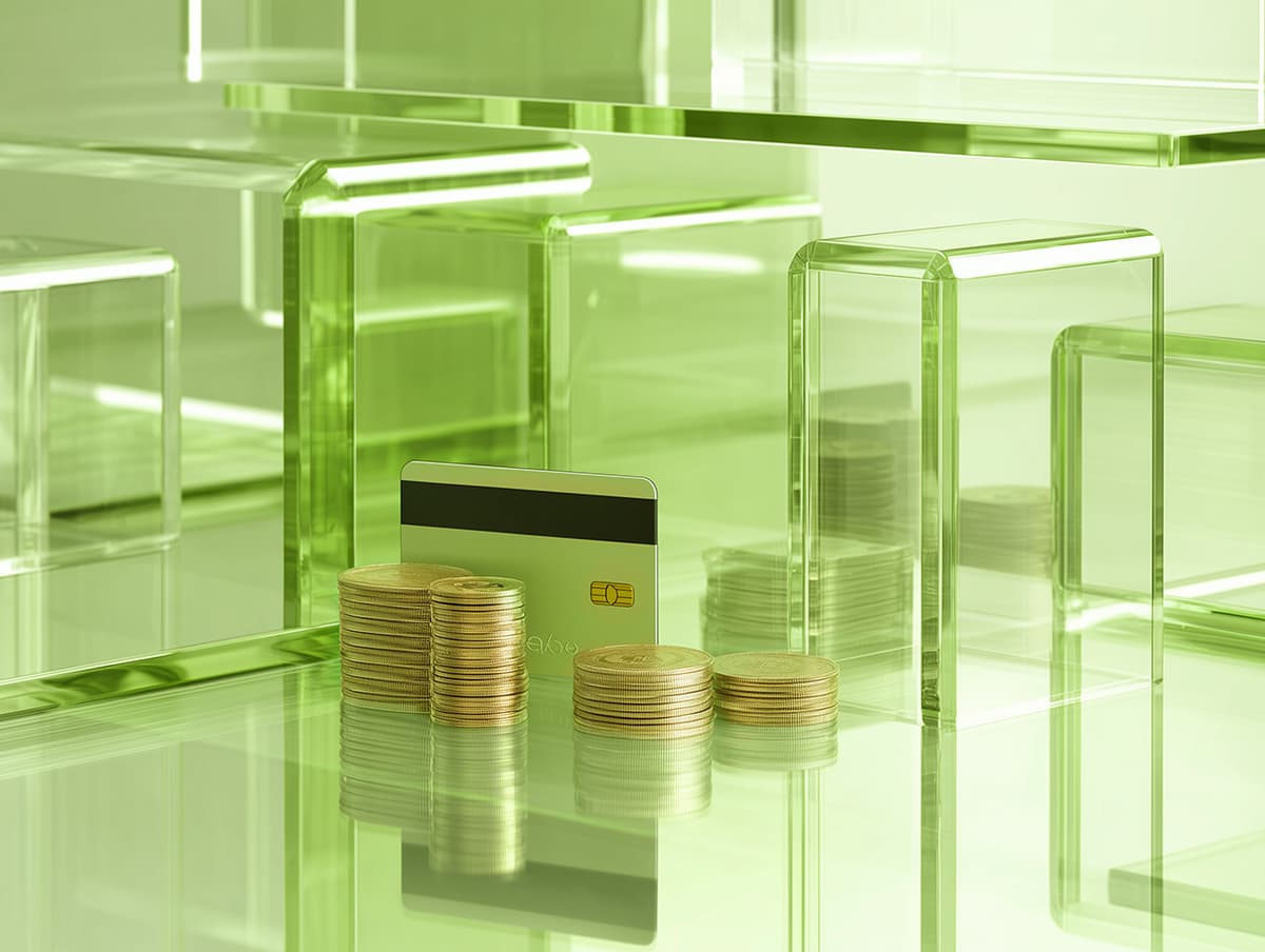 A glass rectangle on an abstract background in green and grey.